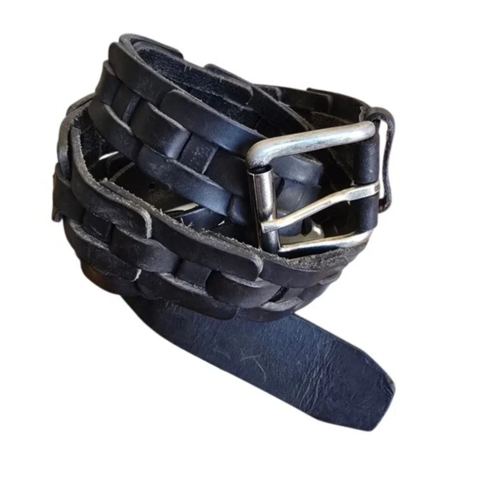 Black Genuine Leather‎ Woven Link Belt Silver Double Prong Buckle 42/105 Mexico